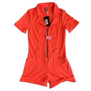 Forplay Neon Orange Zip Front Romper Jumpsuit Short Sleeve‎ S/M 556433 ORG New